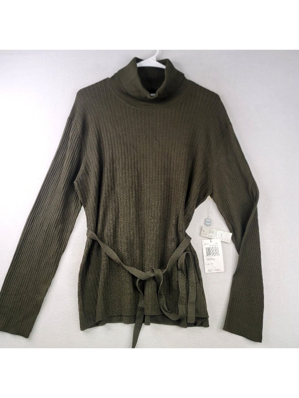 August Silk Logic Belted Turtleneck Sweater XL Green Goblincore Parisian Preppy